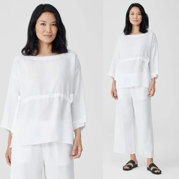 Eileen Fisher Handkerchief Linen Drawstring 3/4 Sleeves Top White Sz L - Picture 1 of 16